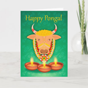 Lyckliga Pongal, med kon och stearinljus Kort