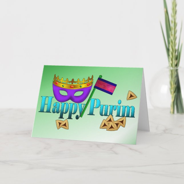 Lyckliga Purim med maskerar, Gragger och Kort (Framsida)