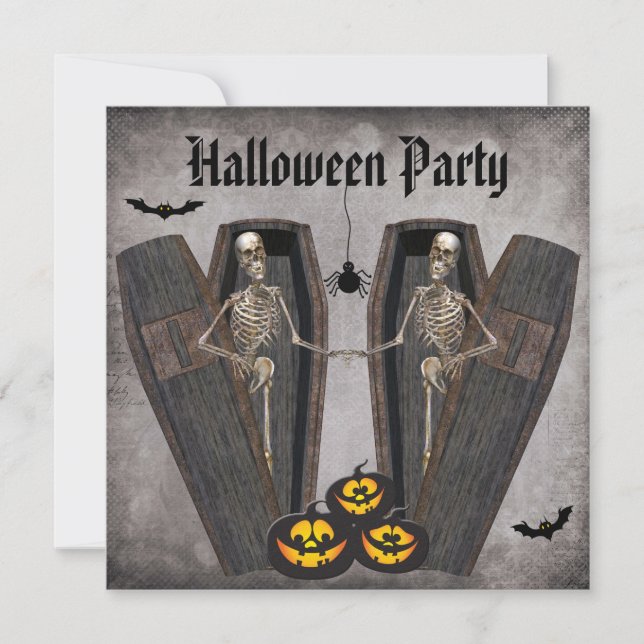 Lyckliga skelett i kistahalloween fest inbjudningar (Framsida)