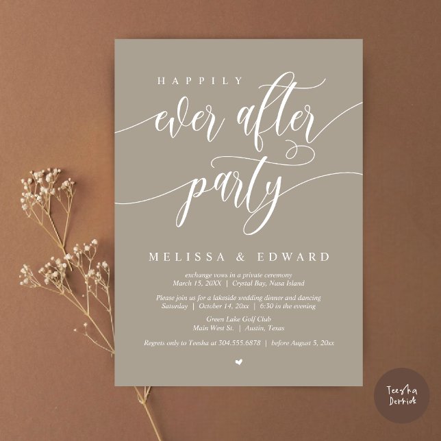 Lyckliga Slut Bröllopsfirande, Enkelt Taupe Inbjudningar (Happily Ever After Elopement Party Invitation Card, PDF, Modern Wedding Dinner, in Simply Taupe)