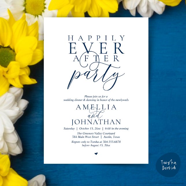 Lyckliga Slut För Alltid Fest Bröllop Elopement Mi Inbjudningar (Happily Ever After Party Wedding Classy Elopement Dinner Invitation Card in Navy Blue)