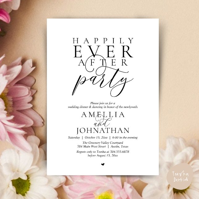 Lyckliga Slut För Alltid Fest Bröllop Elopement Mi Inbjudningar (Happily Ever After Party Wedding Elopement Dinner Invitation Card in Black and white)