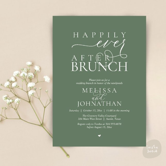 Lyckliga Slut För Alltid Fest Bröllop Elopement Mi Inbjudningar (Happily Ever After Brunch Wedding Elopement Celebration Invitation Card in Sage Green)