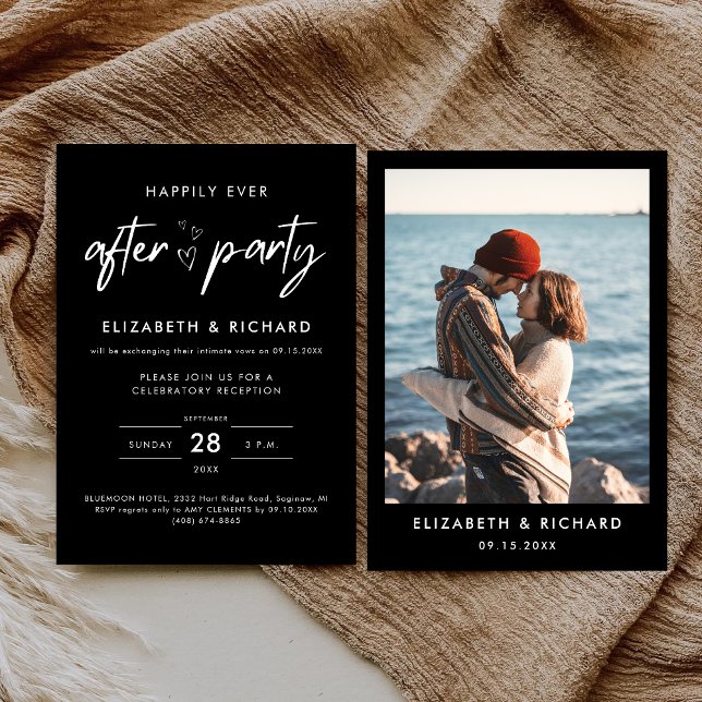 Lyckliga Slut För Alltid Fest Minimal Bröllopsmott Inbjudningar (Minimal happily ever after party invitation reflects a romantic, joyful vibe for your reception.)