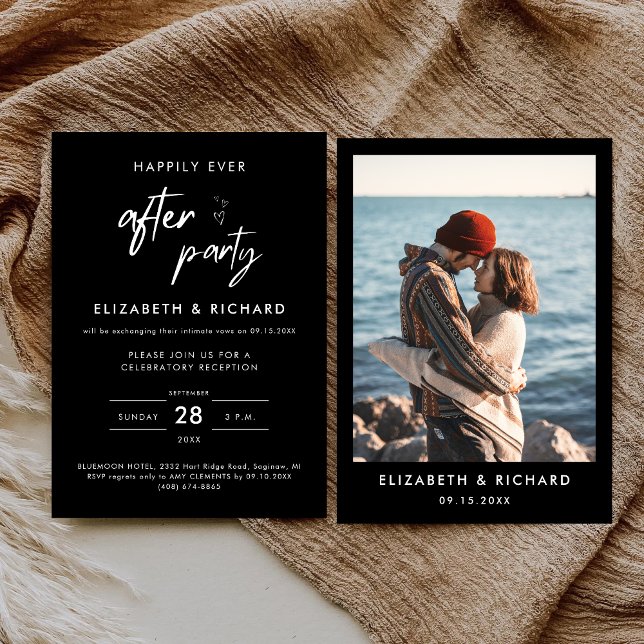 Lyckliga Slut För Alltid Fest Minimal Bröllopsmott Inbjudningar (Minimal happily ever after party invitation sets a romantic, joyful tone for your reception.)