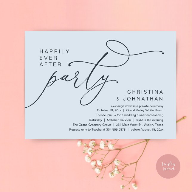 Lyckliga Slut För Alltid Fest, Romantisk Bröllopsm Inbjudningar (Happily Ever After Party, Romantic Wedding Dinner Invitation card in misty blue)