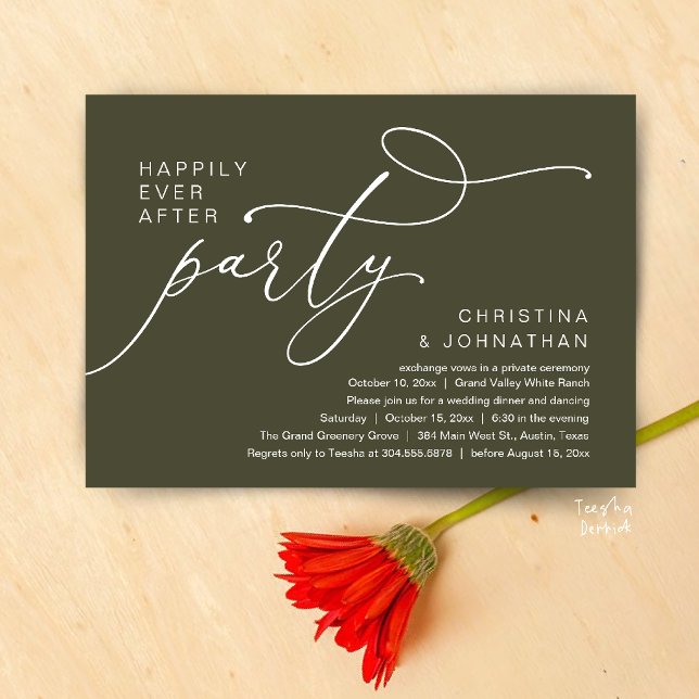 Lyckliga Slut För Alltid Fest, Romantisk Bröllopsm Inbjudningar (Happily Ever After Party, Romantic Wedding Dinner Invitation card in olive green)