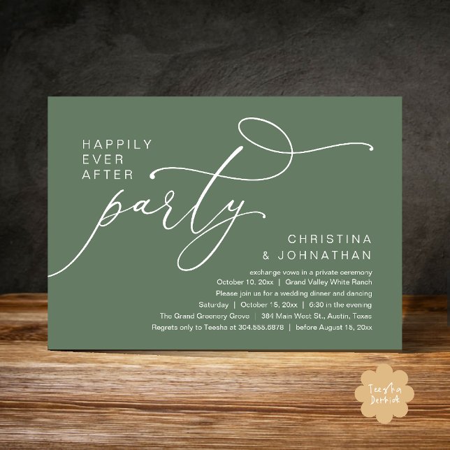 Lyckliga Slut För Alltid Fest, Romantisk Bröllopsm Inbjudningar (Happily Ever After Party, Romantic Wedding Dinner Invitation card in sage green)