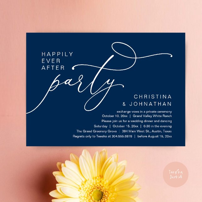 Lyckliga Slut För Alltid Fest, Romantisk Bröllopsm Inbjudningar (Happily Ever After Party, Romantic Wedding Dinner Invitation card in navy blue)