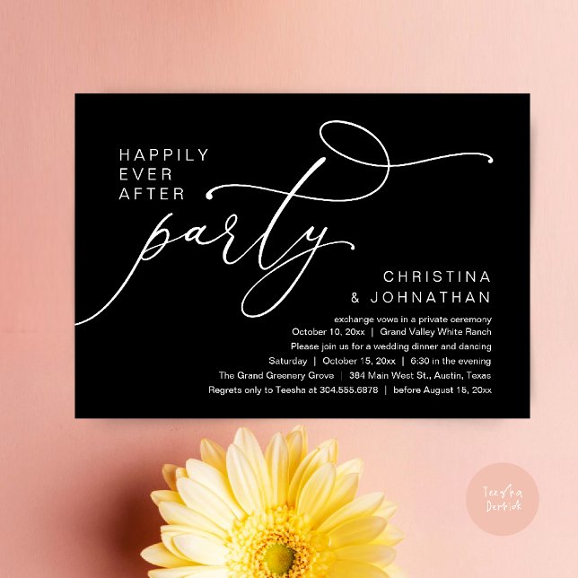 Lyckliga Slut För Alltid Fest, Romantisk Bröllopsm Inbjudningar (Happily Ever After Party, Romantic Wedding Dinner Invitation card in classy black)