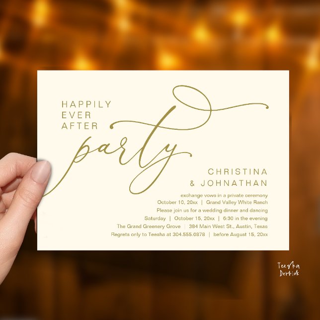 Lyckliga Slut För Alltid Fest, Romantisk Bröllopsm Inbjudningar (Happily Ever After Party, Romantic Wedding Dinner Invitation card in yellow cream and gold)