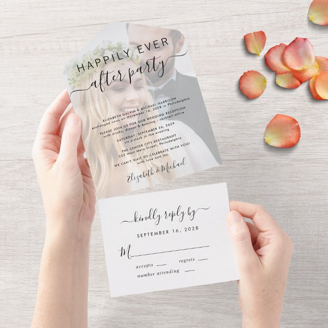 Lyckliga Slut Förfest Foto Bröllopsmottagning (An chic invitation for your wedding after party celebration)