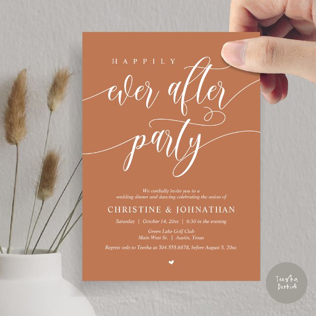 Lyckliga Slut Förfest Middag Dans Inbjudningar (Happily Ever After Party Dinner Dancing Modern Invitation Card, PDF, in Copper Brown Terracotta)