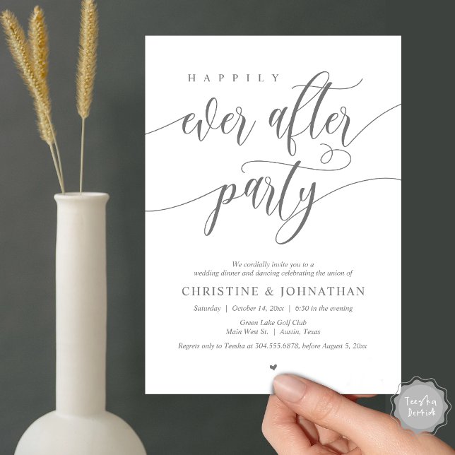 Lyckliga Slut Förfest Middag Dans Inbjudningar (Happily Ever After Party Dinner Dancing Modern Invitation Card, PDF, in Dark Grey)