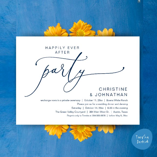 Lyckliga Slutet Bröllops Middag Fest Dans Inbjudningar (Happily Ever After Romantic Wedding Dinner Party Dancing Modern Clean Invites Card PDF Navy Blue)