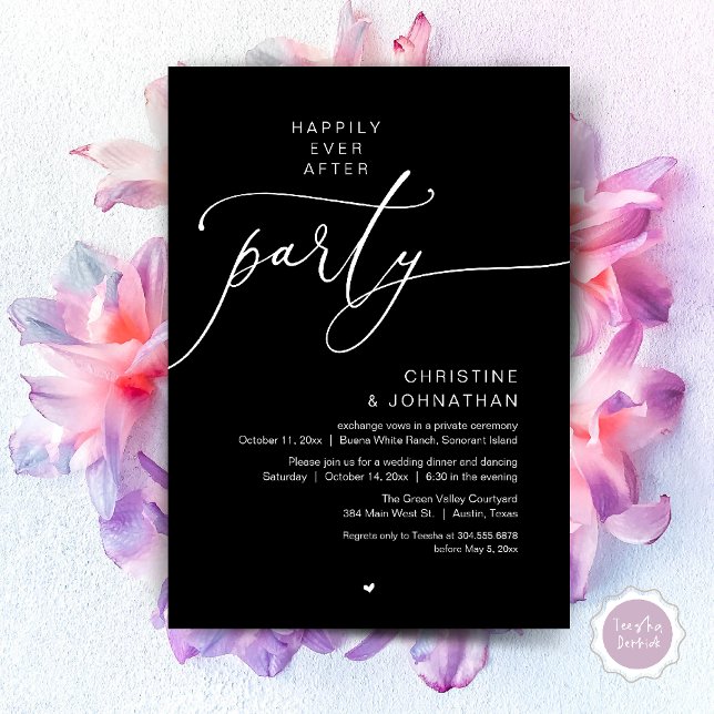 Lyckliga Slutet Bröllops Middag Fest Dansande Inbjudningar (Happily Ever After Romantic Wedding Dinner Party Dancing Modern Clean Invites Card PDF Classy Black)