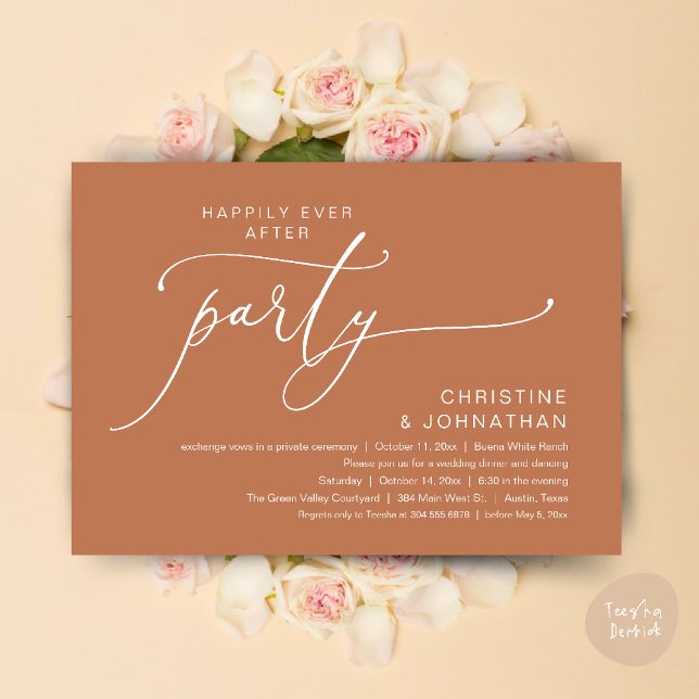 Lyckliga Slutet Bröllops Middag Fest Dansande Inbjudningar (Happily Ever After Romantic Wedding Dinner Party Dancing Modern Clean Invites Card PDF Copper Brown)