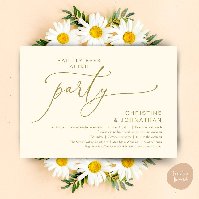 Lyckliga Slutet Bröllops Middag Fest Dansande Inbjudningar (Happily Ever After Romantic Wedding Dinner Party Dancing Modern Clean Invites Card PDF Yellow Gold)