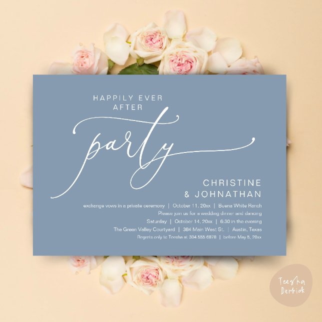 Lyckliga Slutet Bröllops Middag Fest Dansande Inbjudningar (Happily Ever After Romantic Wedding Dinner Party Dancing Modern Clean Invites Card PDF Dusty Blue)