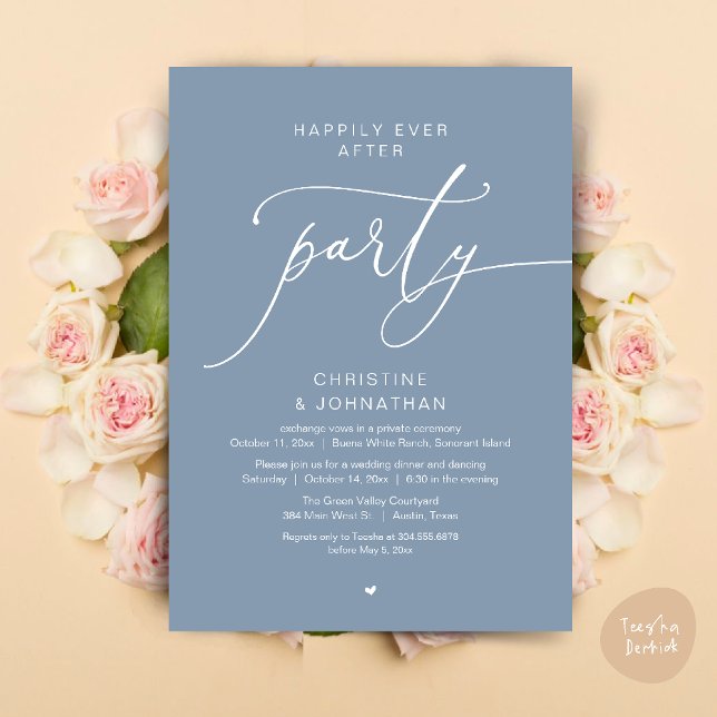 Lyckliga Slutet Bröllops Middag Fest Dansande Inbjudningar (Happily Ever After Romantic Wedding Dinner Party Dancing Modern Clean Invites Card PDF Dusty Blue)