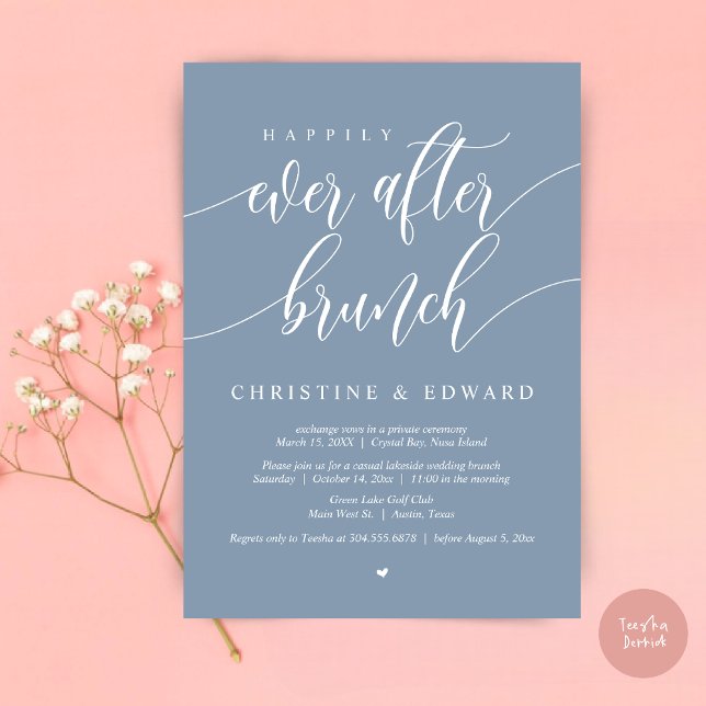 Lyckliga Slutet Bröllopsbrunch, Dammig Blå Inbjudningar (Happily Ever After Elopement Brunch Invitation Card, Post-wedding, PDF, in Dusty Blue)