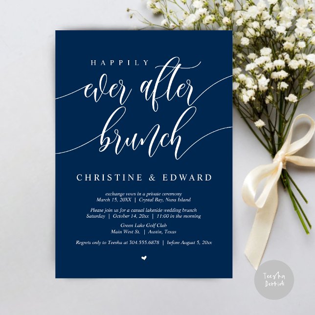 Lyckliga Slutet Bröllopsbrunch, Marinblå Inbjudningar (Happily Ever After Elopement Brunch Invitation Card, Post-wedding, PDF, in Navy Blue)