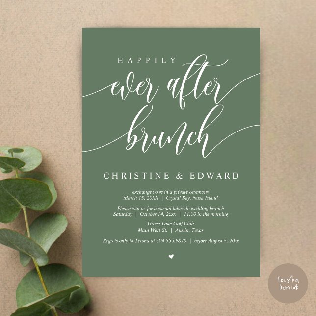 Lyckliga Slutet Bröllopsbrunch, Salvia Grön Inbjudningar (Happily Ever After Elopement Brunch Invitation Card, Post-wedding, PDF, in Forest Sage Green)