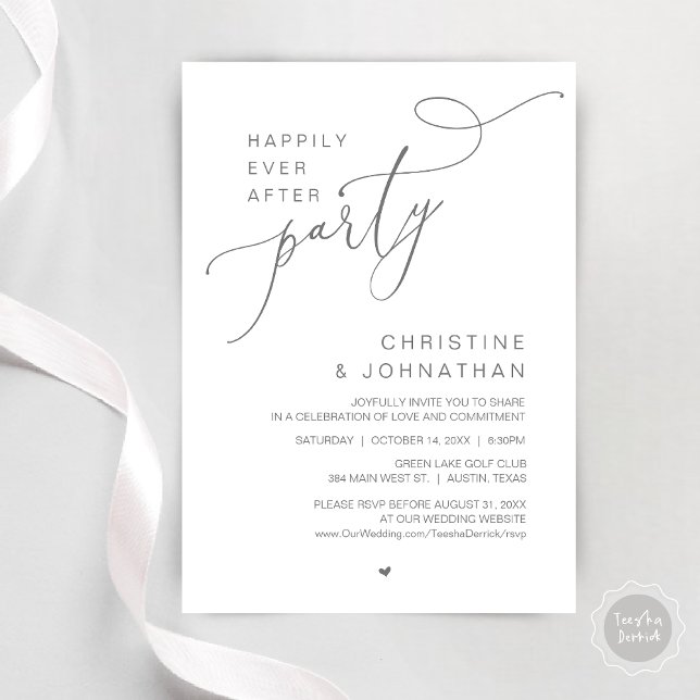 Lyckliga Slutet Bröllopsfest Middag Dans Inbjudningar (Happily Ever After Wedding Party Romantic Dinner Dancing Invitation Card, PDF, in Dark Grey)