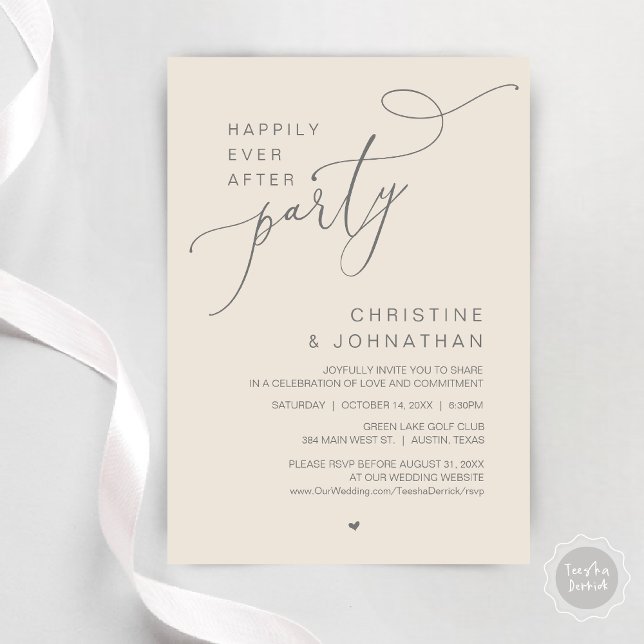 Lyckliga Slutet Bröllopsfest Middag Dans Inbjudningar (Happily Ever After Wedding Party Romantic Dinner Dancing Invitation Card, PDF, in Dark Grey Cream)