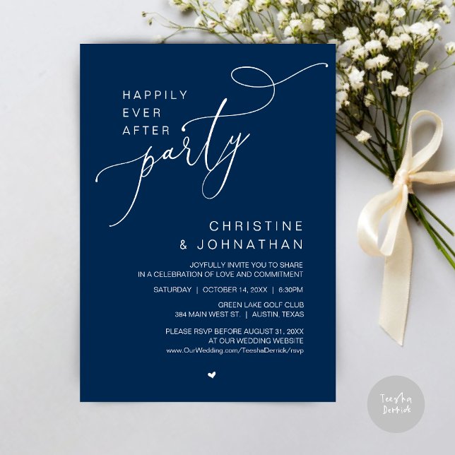 Lyckliga Slutet Bröllopsfest Middag Dans Inbjudningar (Happily Ever After Wedding Party Romantic Dinner Dancing Invitation Card, PDF, in Navy Blue)