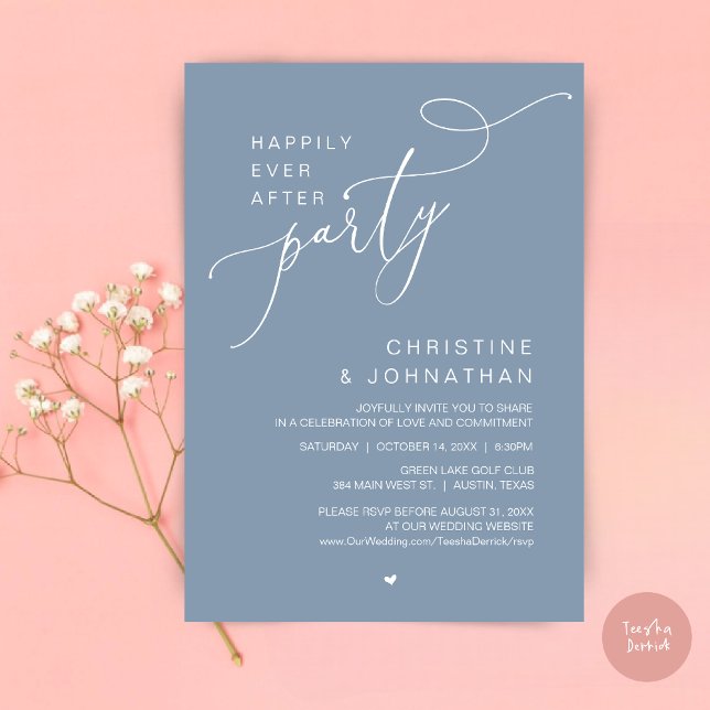 Lyckliga Slutet Bröllopsfest Middag Dans Inbjudningar (Happily Ever After Wedding Party Romantic Dinner Dancing Invitation Card, PDF, in Dusty Blue)