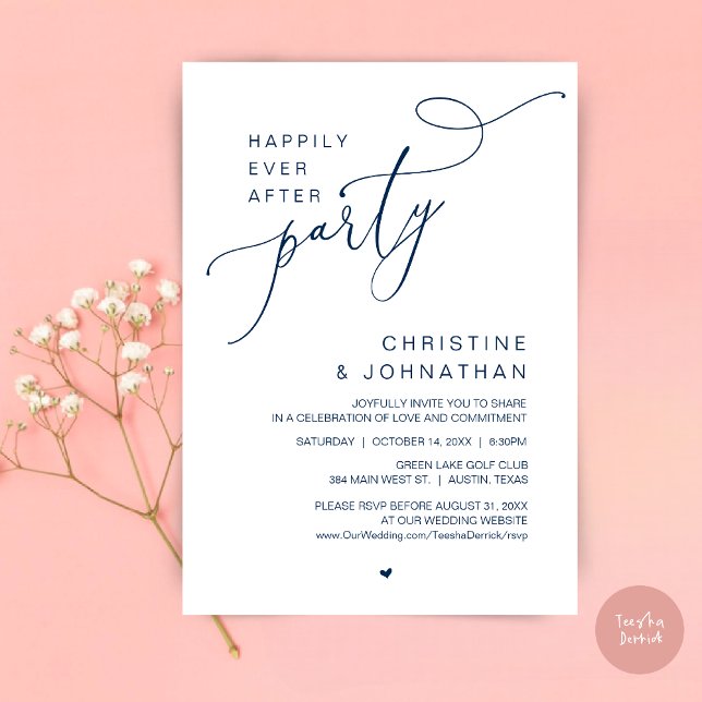 Lyckliga Slutet Bröllopsfest Middag Dansande Inbjudningar (Happily Ever After Wedding Party Romantic Dinner Dancing Invitation Card, PDF, in Navy Blue)