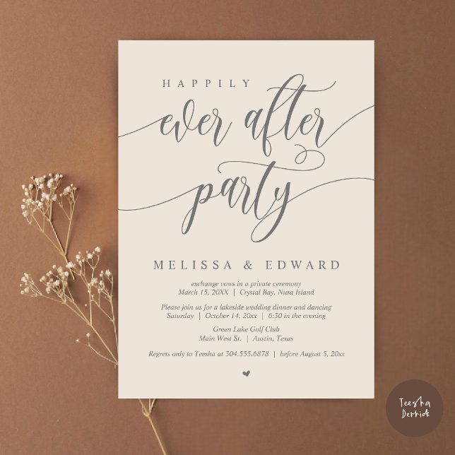 Lyckliga Slutet Bröllopsfirande, Krämgrå Inbjudningar (Happily Ever After Elopement Party Invitation Card, PDF, Modern Wedding Dinner, in Cream Grey  )