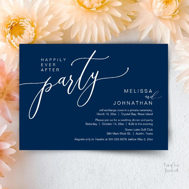 Lyckliga Slutet Bröllopsflykt Middagssällskap Inbjudningar (Happily Ever After Wedding Elopement Dinner Party Invitation card, in Navy blue)