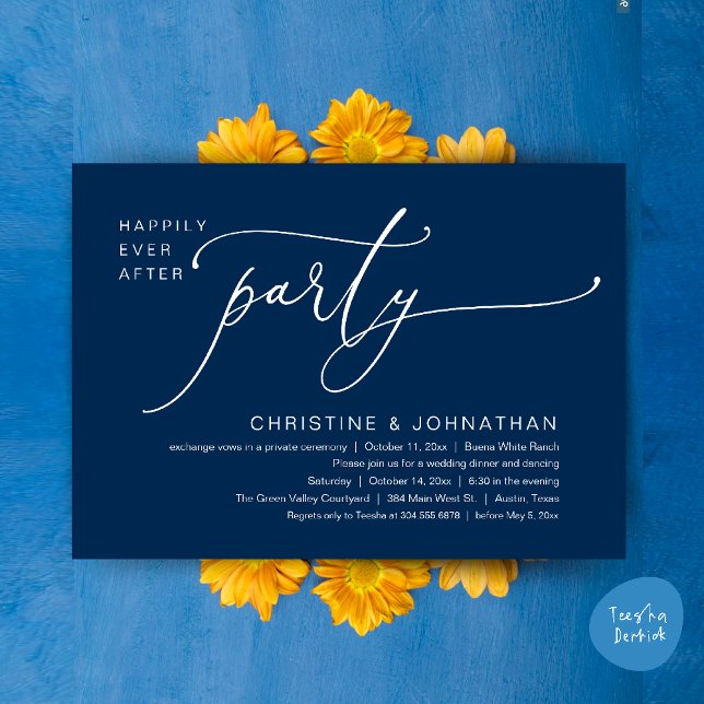 Lyckliga Slutet Bröllopsmiddag Fest Dansande Inbjudningar (Happily Ever After Romantic Wedding Dinner Party Dancing Modern Clean Invites Card PDF Navy Blue)