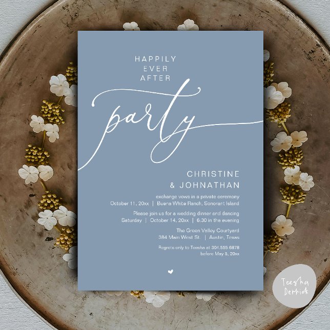 Lyckliga Slutet Bröllopsmiddag Fest Dansande Inbjudningar (Happily Ever After Romantic Wedding Dinner Party Dancing Modern Clean Invites Card PDF Dusty Blue)