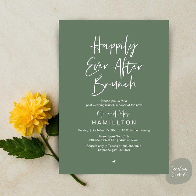Lyckliga Slutet Brunch, Bröllopsfirande för Elopem Inbjudningar (Happily Ever After Brunch The Morning After Invitation Card PDF Newlyweds in Sage Green)