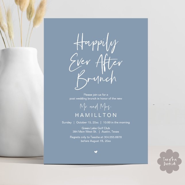 Lyckliga Slutet Brunch, Bröllopsfirande för Elopem Inbjudningar (Happily Ever After Brunch The Morning After Invitation Card PDF Newlyweds in Dusty Blue)