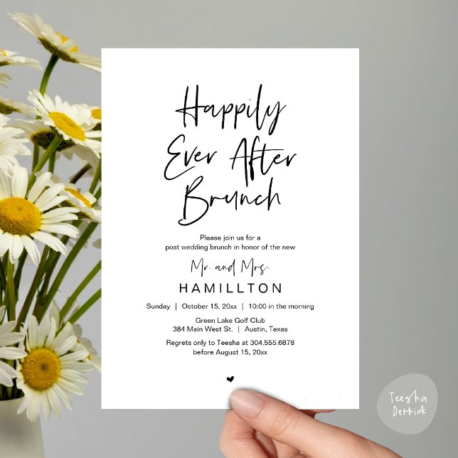 Lyckliga Slutet Brunch, Bröllopsfirande för Elopem Inbjudningar (Happily Ever After Brunch The Morning After Invitation Card PDF Newlyweds in Black White)