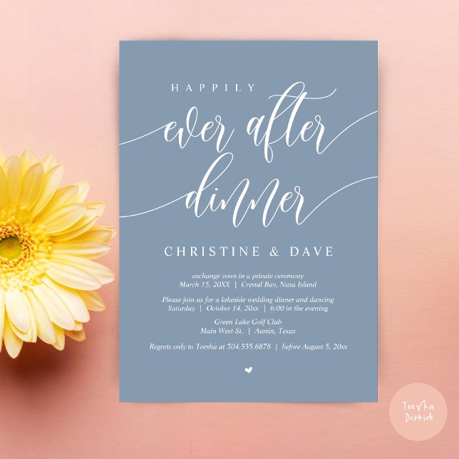 Lyckliga Slutet Efter Bröllopsmiddag, Dammtorblue Inbjudningar (Happily Ever After Dinner Invitation Card, PDF, Modern Calligraphy Script, in Dusty Blue)