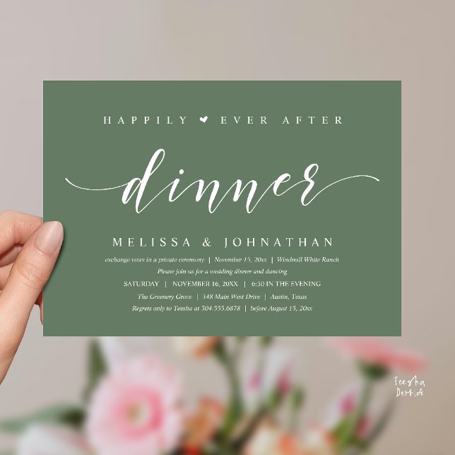 Lyckliga Slutet Efter Middag, Modern Minimalist Inbjudningar (Happily Ever After Dinner, Modern Minimalist reception Invitation Card, sage green)