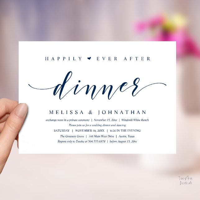Lyckliga Slutet Efter Middag, Modern Minimalist Inbjudningar (Happily Ever After Dinner, Modern Minimalist reception Invitation Card, navy blue)