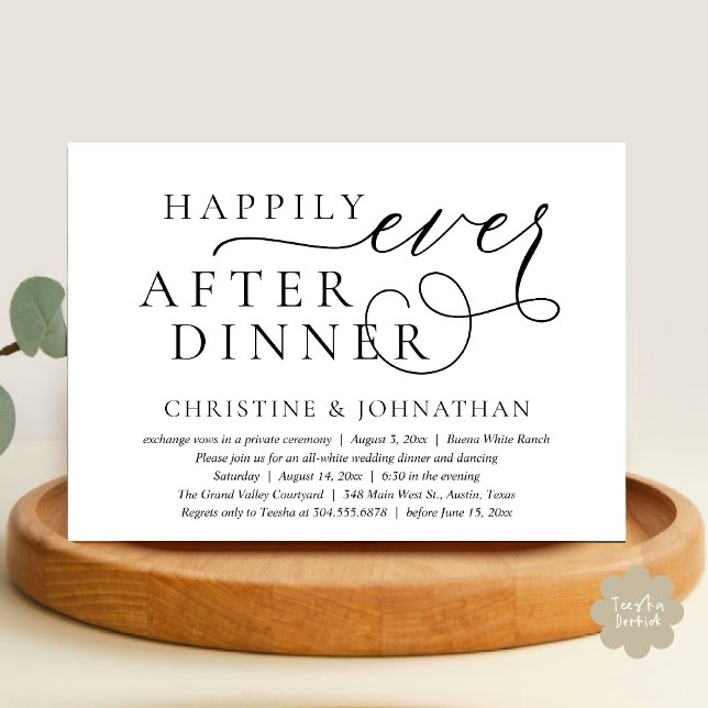 Lyckliga Slutet Efter Middagen, Bröllopsflyktfest Inbjudningar (Happily Ever After Dinner Invitation Card, Modern Wedding Party Romantic PDF in Black White)