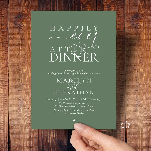 Lyckliga Slutet Efter Middagen Modern Bröllopsmott Inbjudningar (Happily Ever After Dinner Modern Wedding Reception Invitation card in Sage Green)