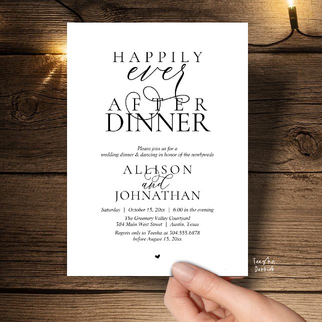 Lyckliga Slutet Efter Middagen Modern Bröllopsskri Inbjudningar (Happily Ever After Dinner Modern Script Wedding Invitation Card in Black and White)
