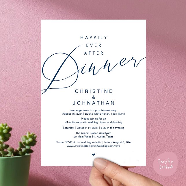 Lyckliga Slutet Efter Middagen, Modern Romantisk B Inbjudningar (Happily Ever After Dinner, Modern Romantic Wedding Invites Card, PDF, Minimalist Clean, Navy Blue)