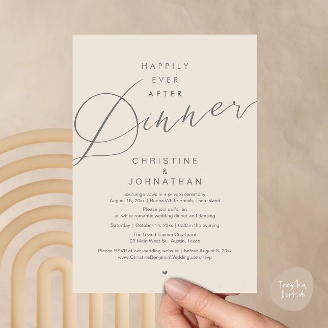 Lyckliga Slutet Efter Middagen, Modern Romantisk B Inbjudningar (Happily Ever After Dinner Romantic Wedding Invites Card PDF Clean Modern Minimalist Cream Grey)