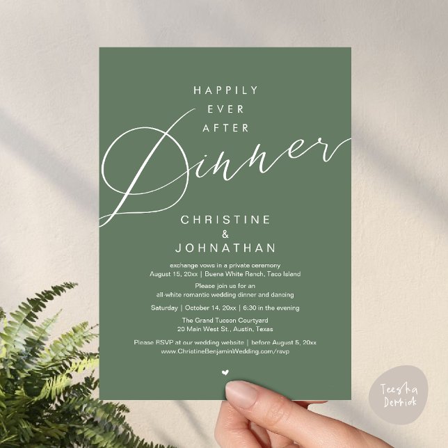 Lyckliga Slutet Efter Middagen, Modern Romantisk B Inbjudningar (Happily Ever After Dinner Invites Card PDF modern romantic minimalist clean forest sage greenery)