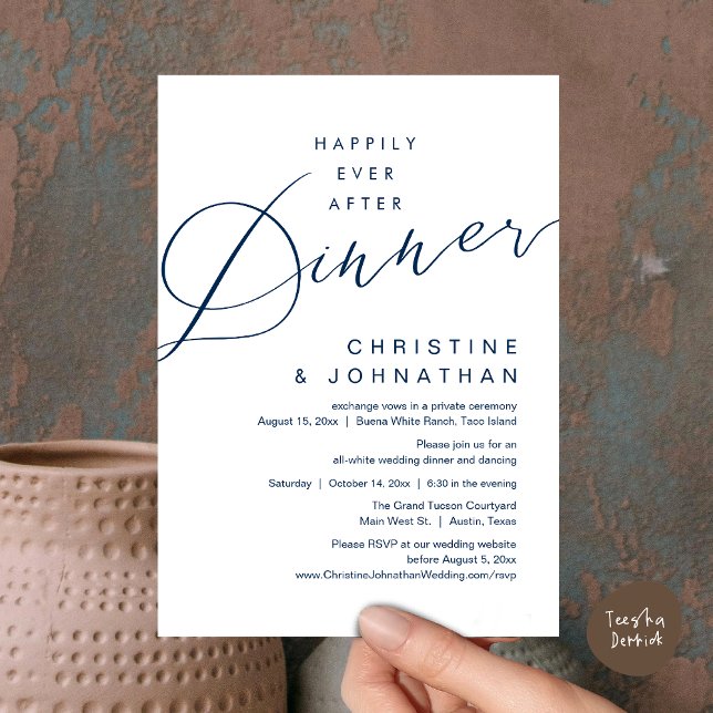Lyckliga Slutet Efter Middagen Romantisk Bröllop Inbjudningar (Happily Ever After Dinner, Modern Romantic Wedding Invites Card, PDF, Minimalist Clean, Navy Blue)