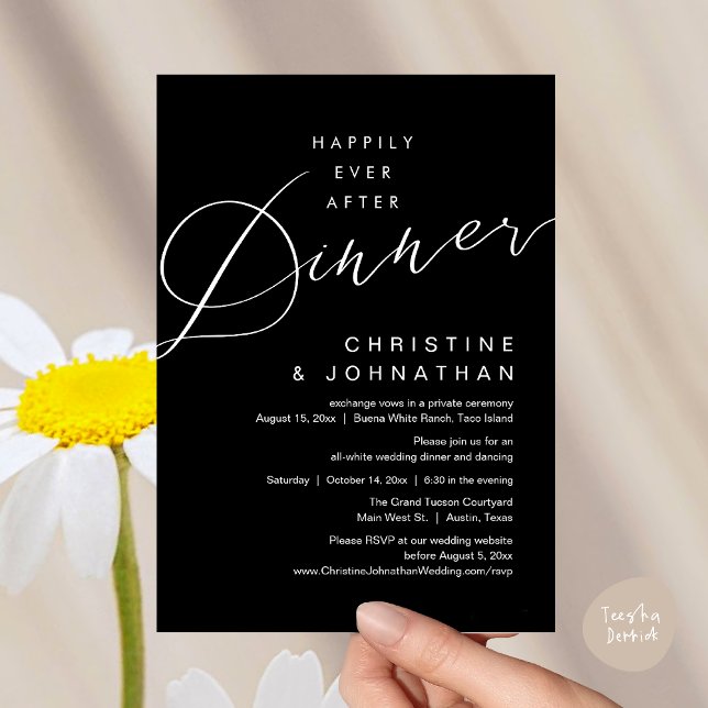 Lyckliga Slutet Efter Middagen Romantisk Bröllop Inbjudningar (Happily Ever After Dinner Romantic Wedding Invites Card PDF Clean Modern Minimalist White Black)